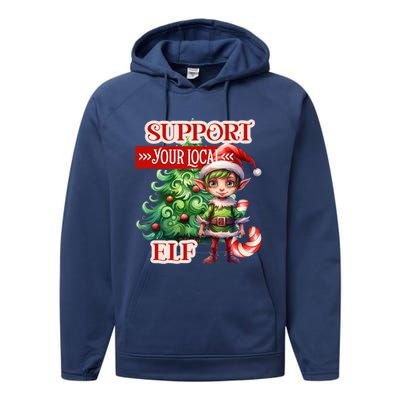 Support Your Local Elf Candy Cane Christmas Tree Gift Performance Fleece Hoodie