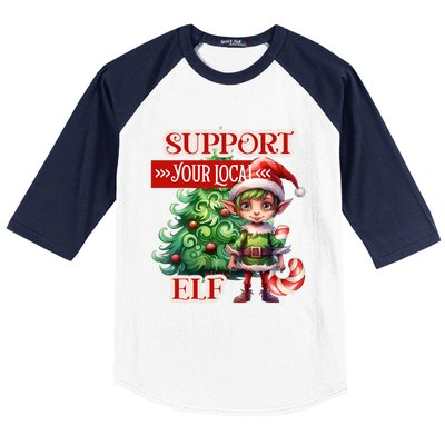 Support Your Local Elf Candy Cane Christmas Tree Gift Baseball Sleeve Shirt