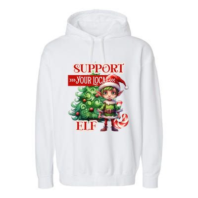 Support Your Local Elf Candy Cane Christmas Tree Gift Garment-Dyed Fleece Hoodie