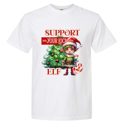 Support Your Local Elf Candy Cane Christmas Tree Gift Garment-Dyed Heavyweight T-Shirt