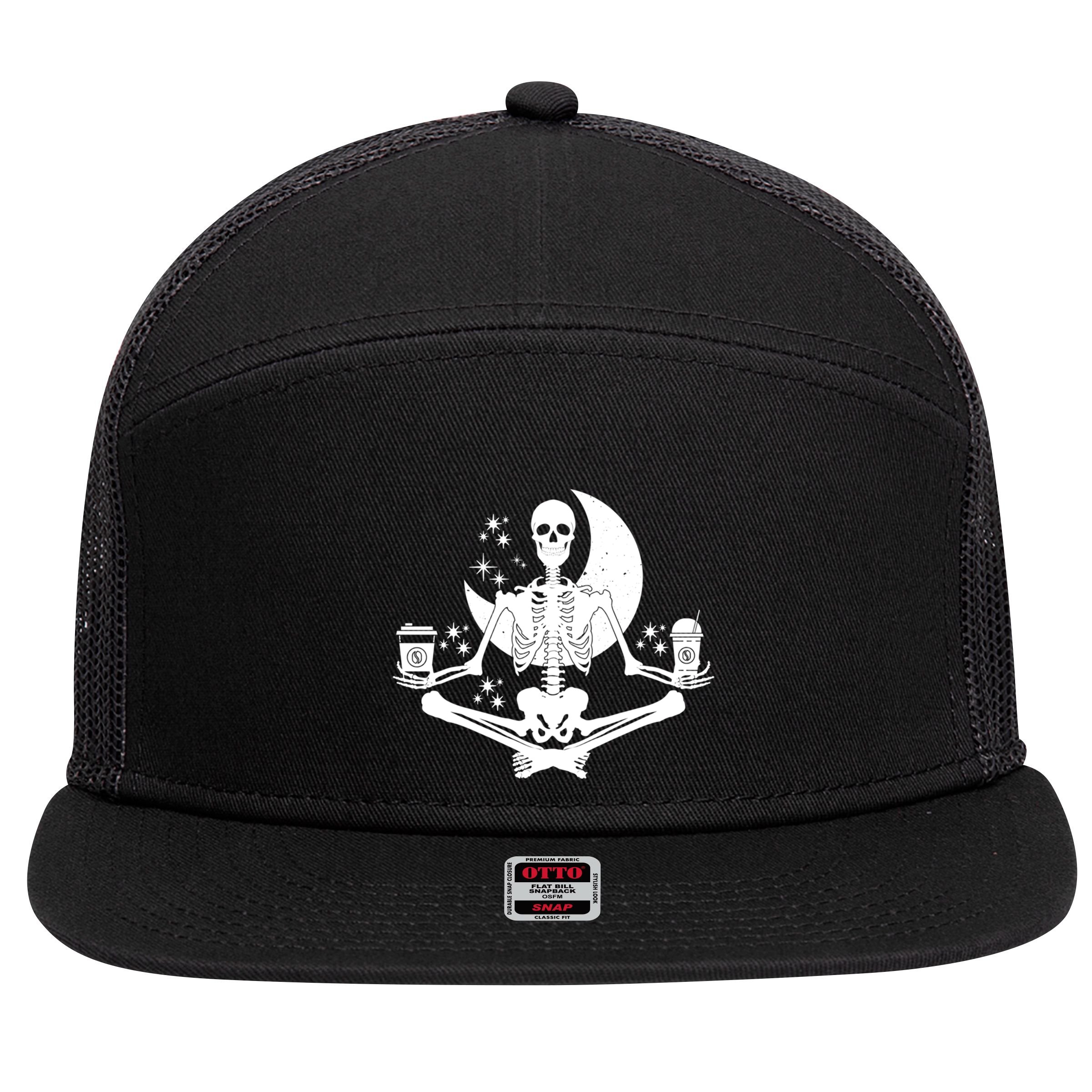 Skeleton Yoga Meditating And Ing Coffee Funny Gift 7 Panel Mesh Trucker Snapback Hat