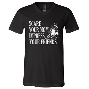 Scare Your Mom Impress Your Friends Funny Barrel Racing Horse Riding V-Neck T-Shirt