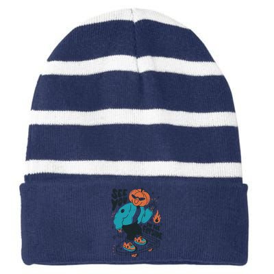 See You On The Flip Side Pumpkin Skateboard Halloween Striped Beanie with Solid Band