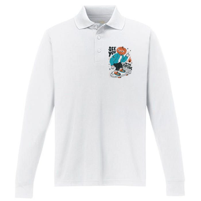 See You On The Flip Side Pumpkin Skateboard Halloween Performance Long Sleeve Polo