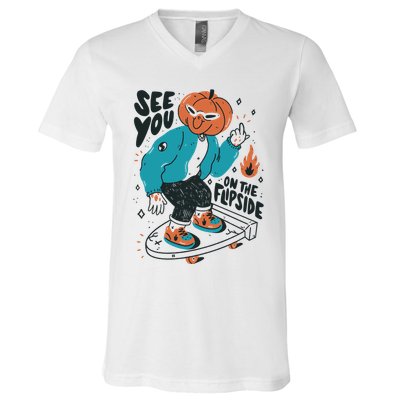 See You On The Flip Side Pumpkin Skateboard Halloween V-Neck T-Shirt