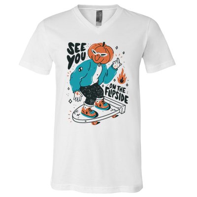 See You On The Flip Side Pumpkin Skateboard Halloween V-Neck T-Shirt