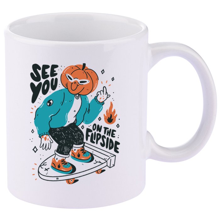 See You On The Flip Side Pumpkin Skateboard Halloween 11oz C Handle Ceramic Mug