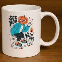 See You On The Flip Side Pumpkin Skateboard Halloween 11oz C Handle Ceramic Mug
