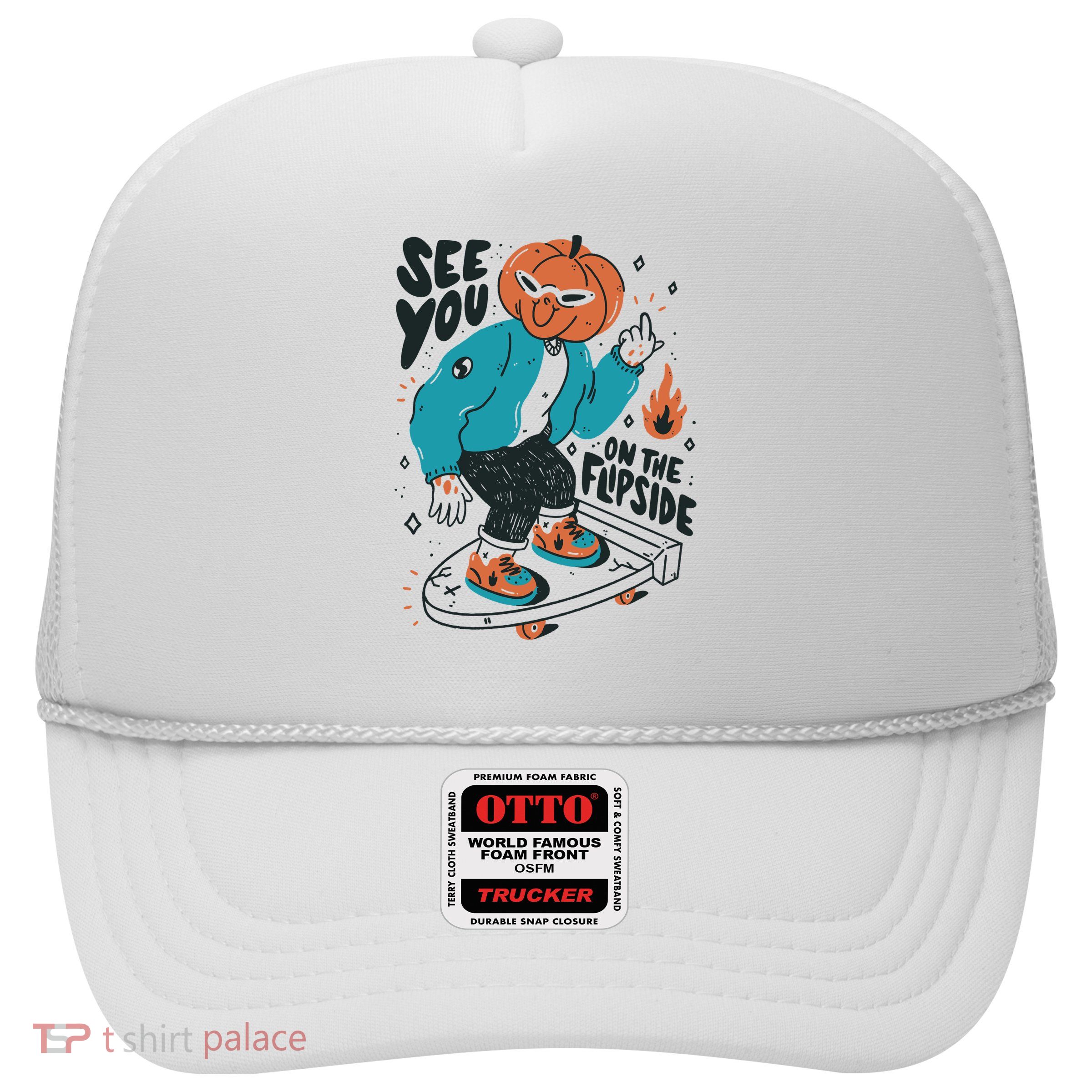 See You On The Flip Side Pumpkin Skateboard Halloween Trucker Hat