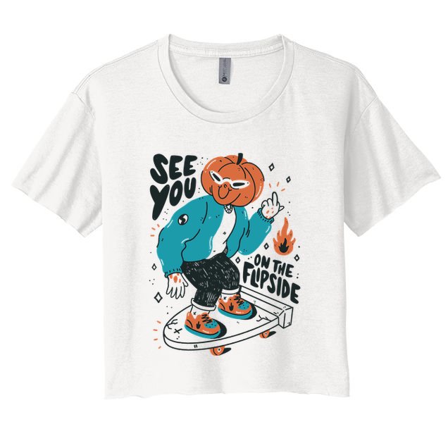 See You On The Flip Side Pumpkin Skateboard Halloween Crop Top