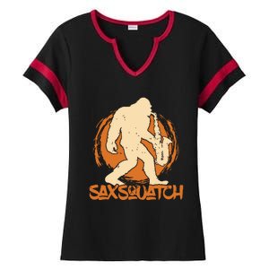 Saxsquatch Yeti Playing Saxophone Pun Musician Sax Ladies Halftime Notch Neck Tee