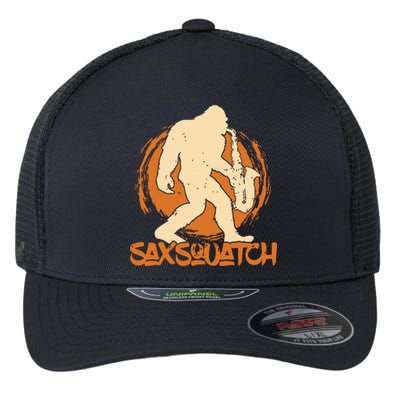 Saxsquatch Yeti Playing Saxophone Pun Musician Sax Flexfit Unipanel Trucker Cap