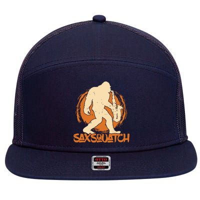 Saxsquatch Yeti Playing Saxophone Pun Musician Sax 7 Panel Mesh Trucker Snapback Hat