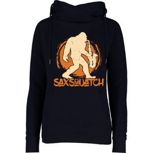 Saxsquatch Yeti Playing Saxophone Pun Musician Sax Womens Funnel Neck Pullover Hood