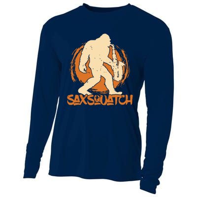 Saxsquatch Yeti Playing Saxophone Pun Musician Sax Cooling Performance Long Sleeve Crew