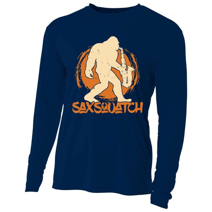 Saxsquatch Yeti Playing Saxophone Pun Musician Sax Cooling Performance Long Sleeve Crew