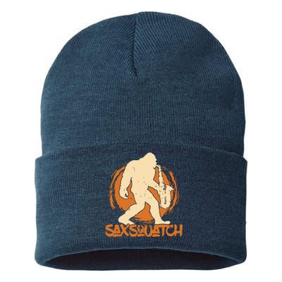 Saxsquatch Yeti Playing Saxophone Pun Musician Sax Sustainable Knit Beanie