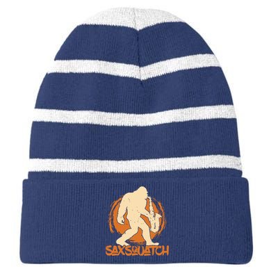 Saxsquatch Yeti Playing Saxophone Pun Musician Sax Striped Beanie with Solid Band