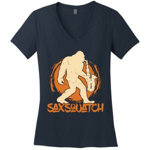 Saxsquatch Yeti Playing Saxophone Pun Musician Sax Women's V-Neck T-Shirt