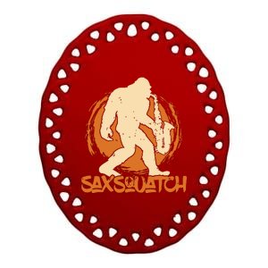 Saxsquatch Yeti Playing Saxophone Pun Musician Sax Ceramic Oval Ornament