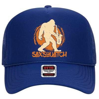 Saxsquatch Yeti Playing Saxophone Pun Musician Sax High Crown Mesh Back Trucker Hat