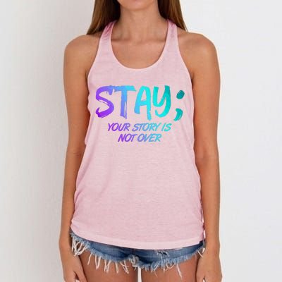 STAY; Your Story Is Not Over Suicide Prevention Awareness Women's Knotted Racerback Tank