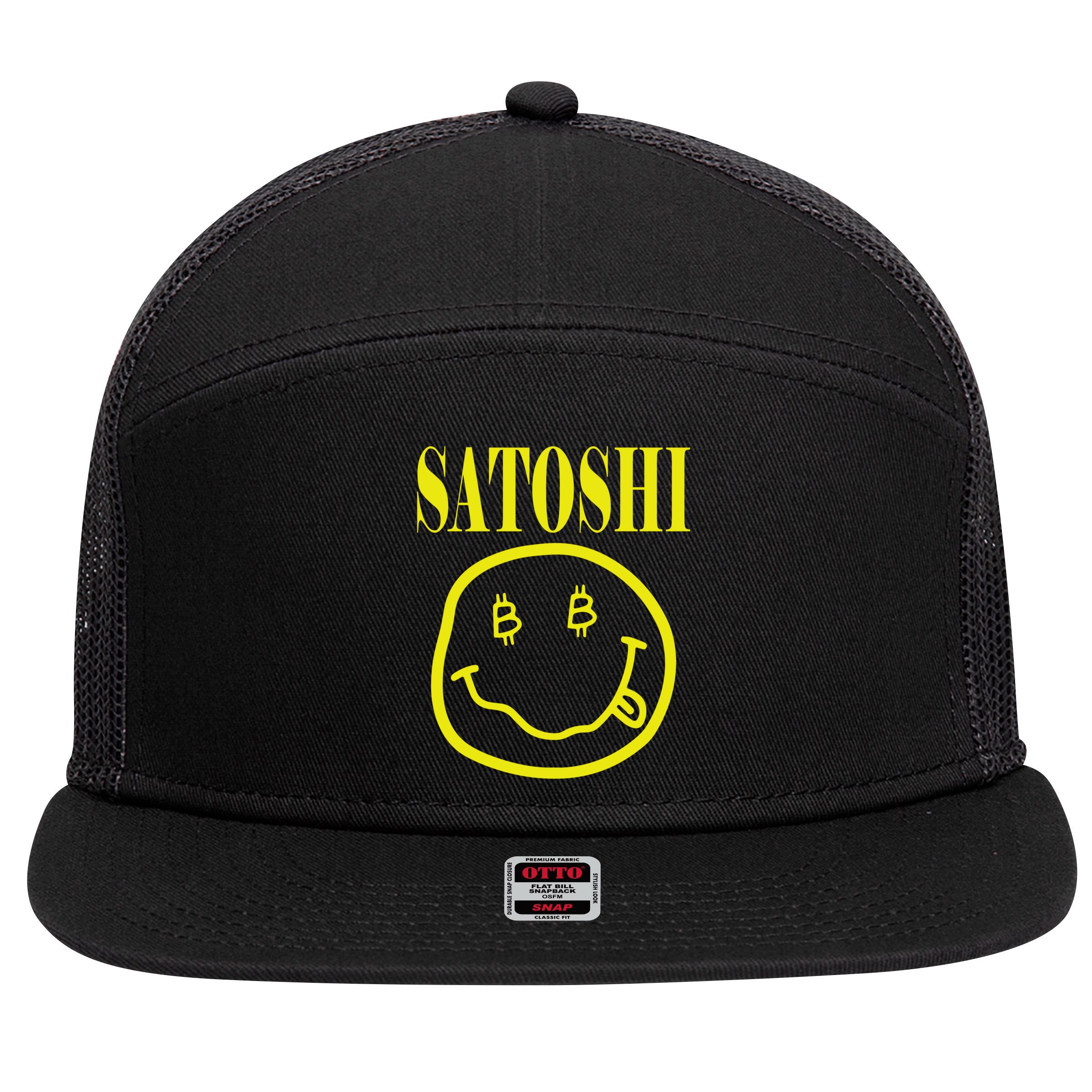 Satoshi Yellow Smiley Face 7 Panel Mesh Trucker Snapback Hat