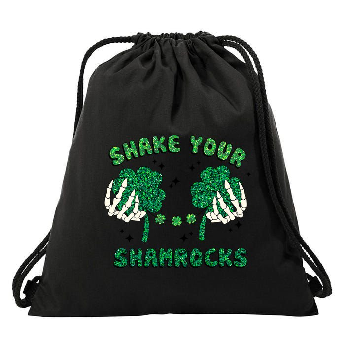 Shake Your Shamrocks Skeleton Hand Funny Patricks Day Drawstring Bag