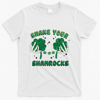Shake Your Shamrocks Skeleton Hand Funny Patricks Day T-Shirt
