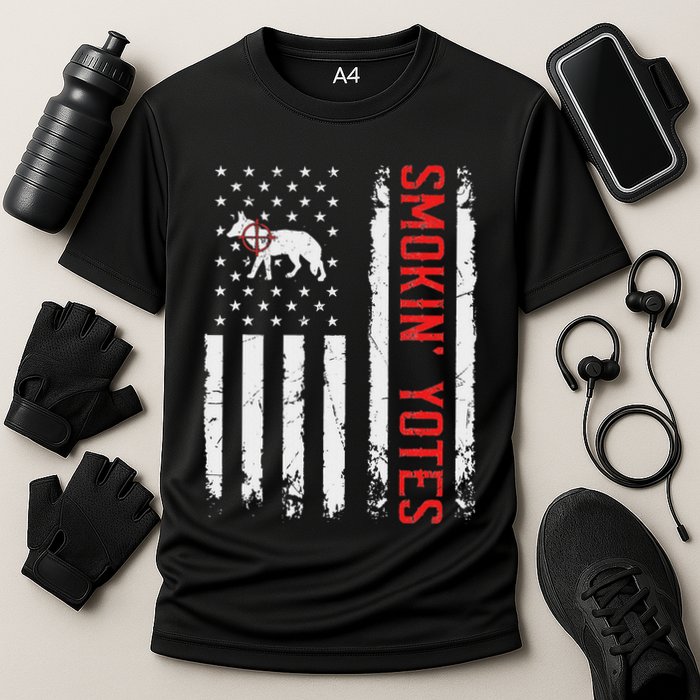 Smokin Yotes Vintage Us Flag Coyote Hunter Hunting Yotes Performance Shirt