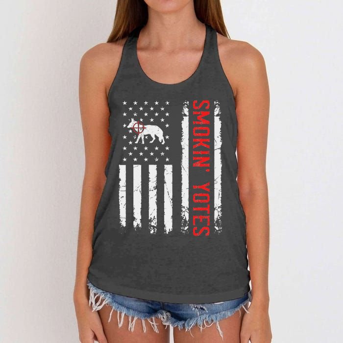 Smokin Yotes Vintage Us Flag Coyote Hunter Hunting Yotes Women's Knotted Racerback Tank