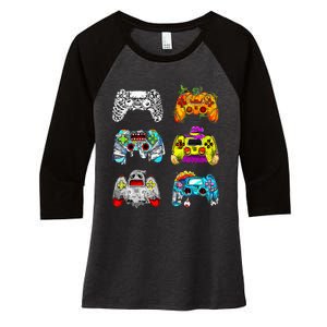 Skeleton Zombie Gaming Controllers Halloween Gamer Women's Tri-Blend 3/4-Sleeve Raglan Shirt