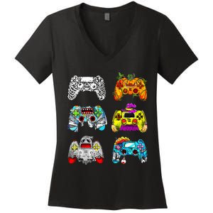 Skeleton Zombie Gaming Controllers Halloween Gamer Women's V-Neck T-Shirt