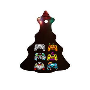 Skeleton Zombie Gaming Controllers Halloween Gamer Ceramic Tree Ornament