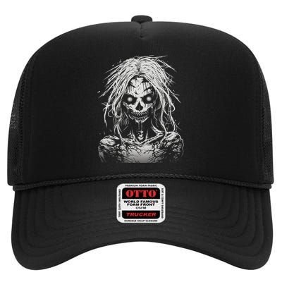 Scary Zombie Girl Halloween Graphic Tees High Crown Mesh Back Trucker Hat