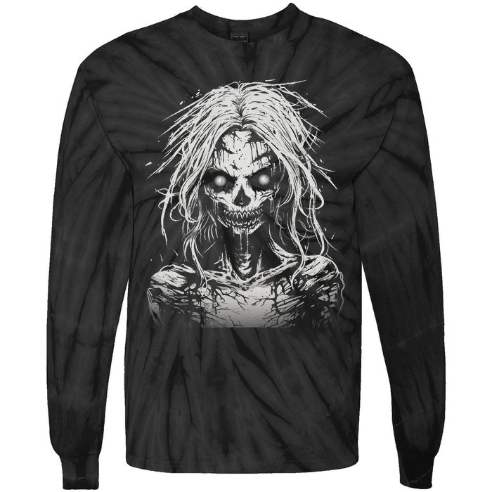 Scary Zombie Girl Halloween Graphic Tees Tie-Dye Long Sleeve Shirt