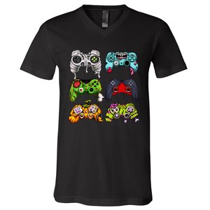 Skeleton Zombie Gaming Controllers Halloween Gamer V-Neck T-Shirt