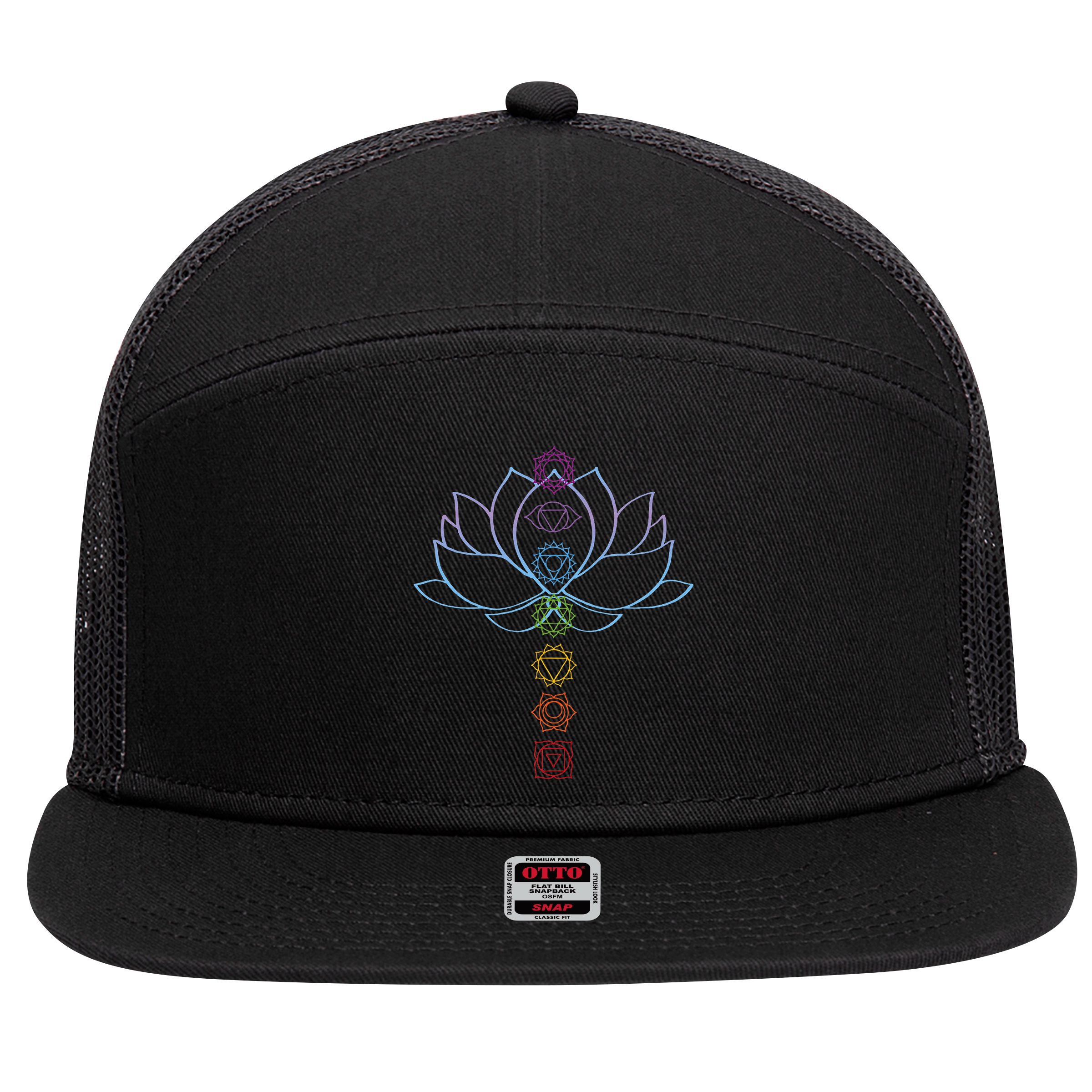 Spiritual Zen Lotus Flower Chakras Aligned Yoga 7 Panel Mesh Trucker Snapback Hat