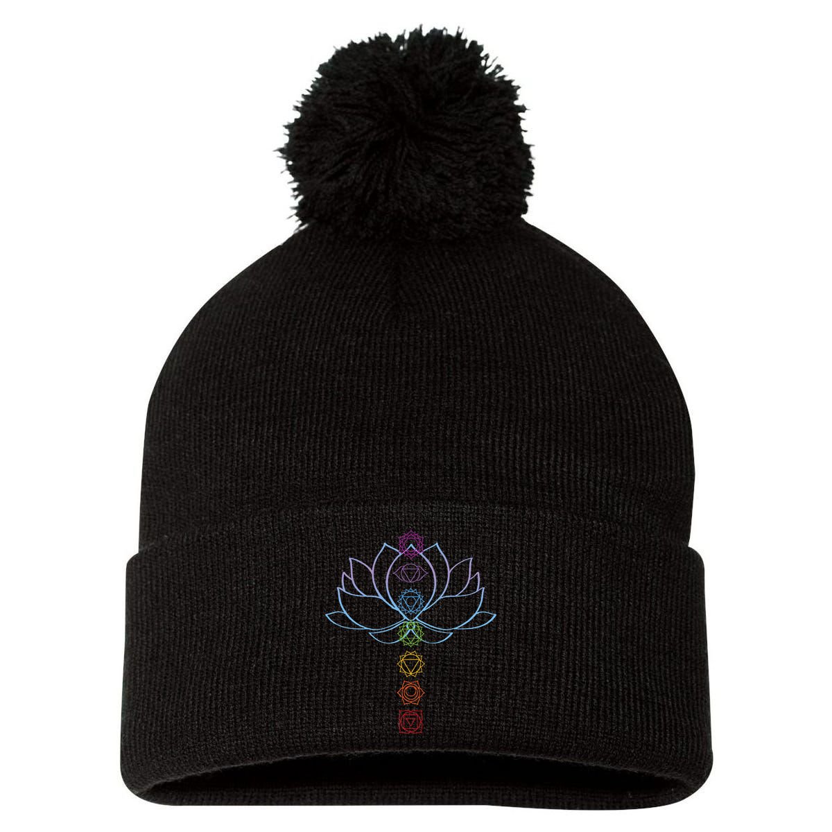 Spiritual Zen Lotus Flower Chakras Aligned Yoga Pom Pom 12in Knit Beanie