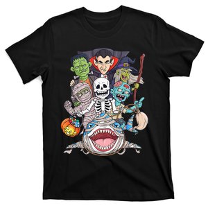 Skeleton Zombie Riding Mummy Shark Funny Halloween Pumpkin T-Shirt