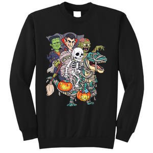 Skeleton Zombie Riding Mummy T Rex Funny Halloween Pumpkin Sweatshirt