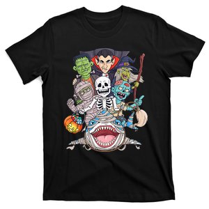 Skeleton Zombie Riding Mummy Shark Funny Halloween Pumpkin T-Shirt