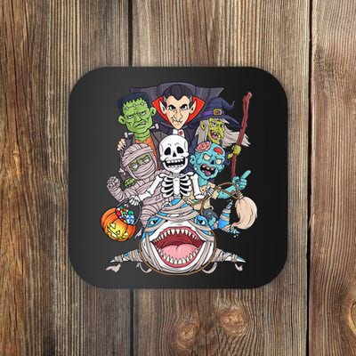 Skeleton Zombie Riding Mummy Shark Funny Halloween Pumpkin Coaster