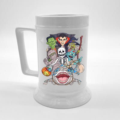 Skeleton Zombie Riding Mummy Shark Funny Halloween Pumpkin Beer Stein