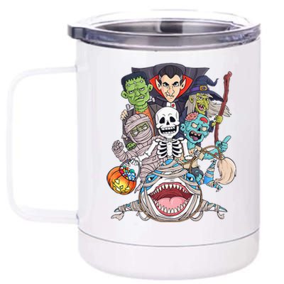 Skeleton Zombie Riding Mummy Shark Funny Halloween Pumpkin 12 oz Stainless Steel Tumbler Cup