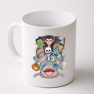 Skeleton Zombie Riding Mummy Shark Funny Halloween Pumpkin Coffee Mug