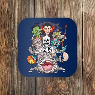 Skeleton Zombie Riding Mummy Shark Funny Halloween Pumpkin Coaster