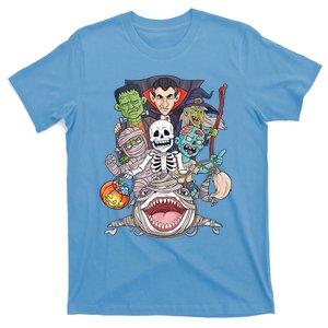 Skeleton Zombie Riding Mummy Shark Funny Halloween Pumpkin T-Shirt