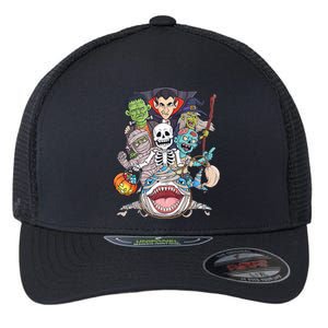 Skeleton Zombie Riding Mummy Shark Funny Halloween Pumpkin Flexfit Unipanel Trucker Cap