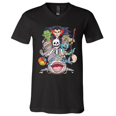 Skeleton Zombie Riding Mummy Shark Funny Halloween Pumpkin V-Neck T-Shirt